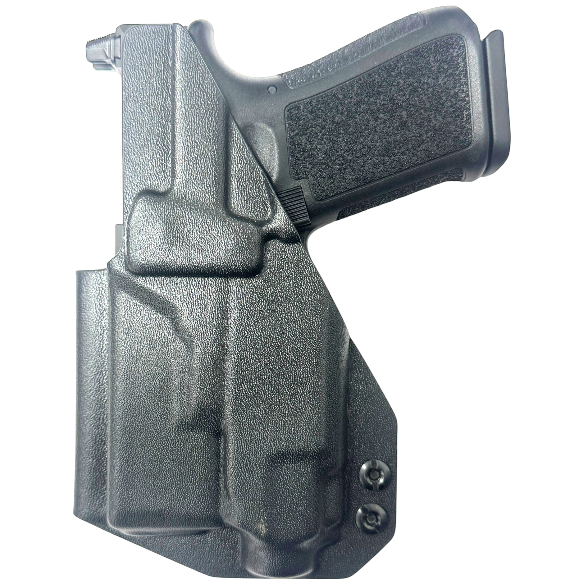 Black gun holster with a gun inside on a white background