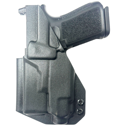 Black gun holster with a gun inside on a white background