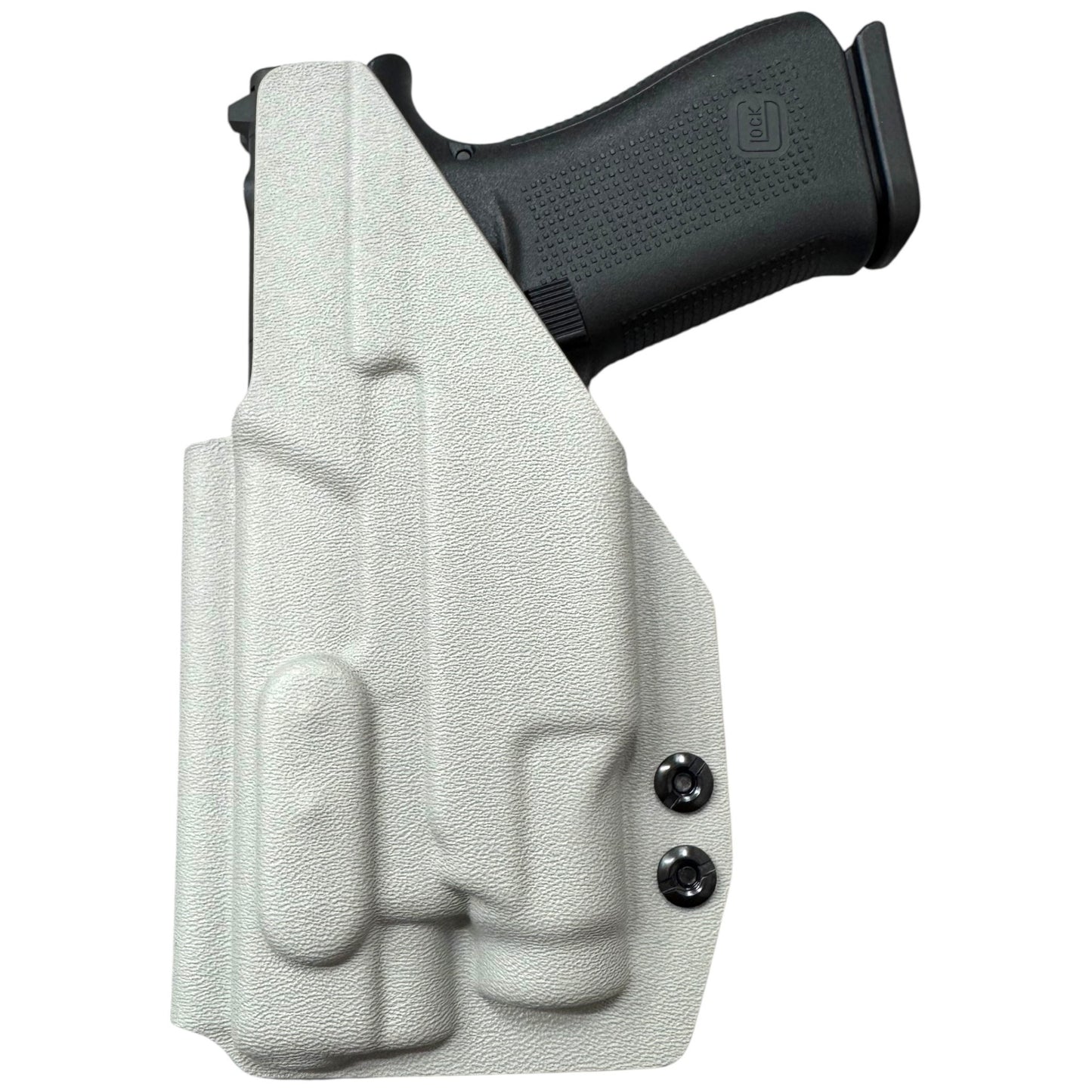 Gray holster with a black gun inside on a white background