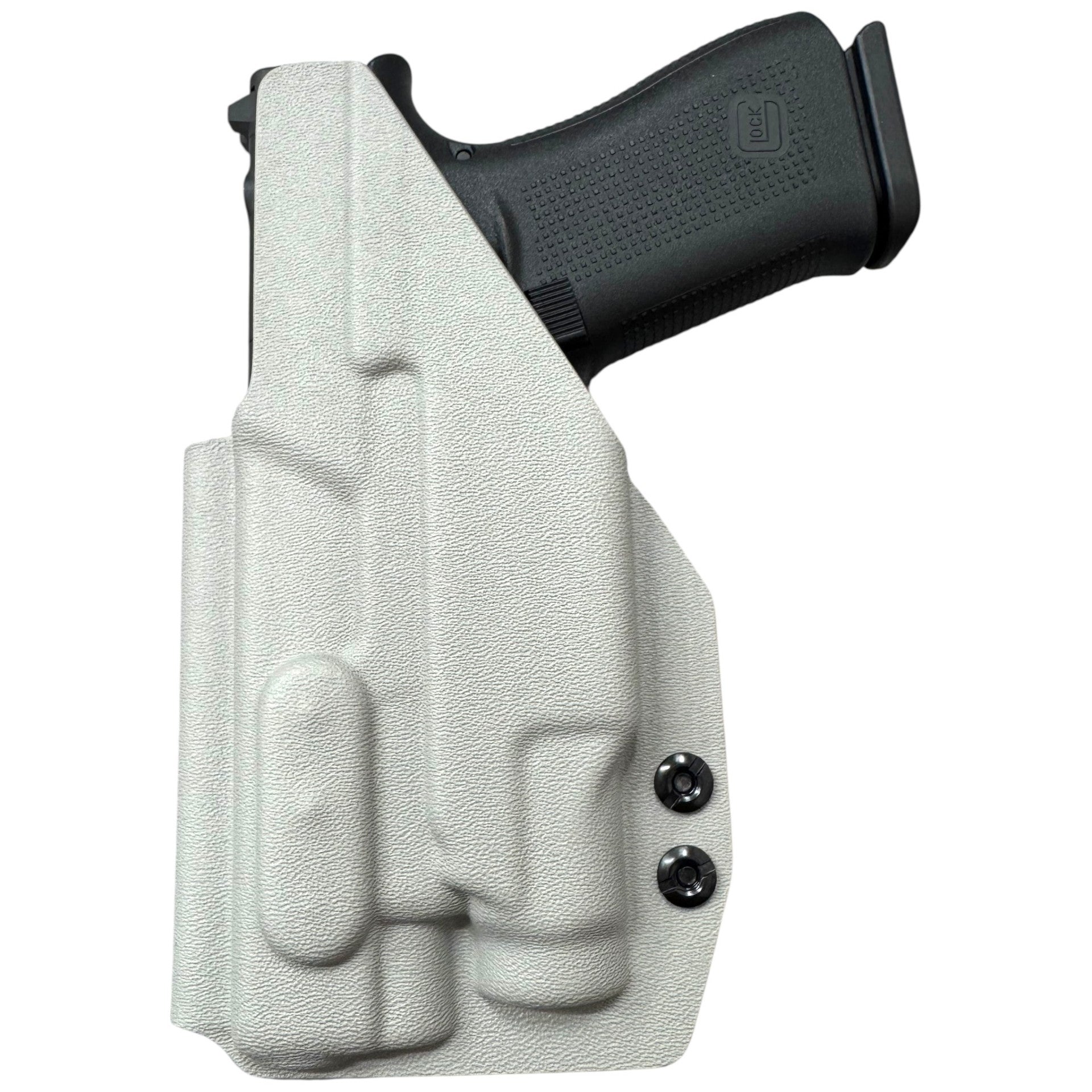 Gray holster with a black gun inside on a white background