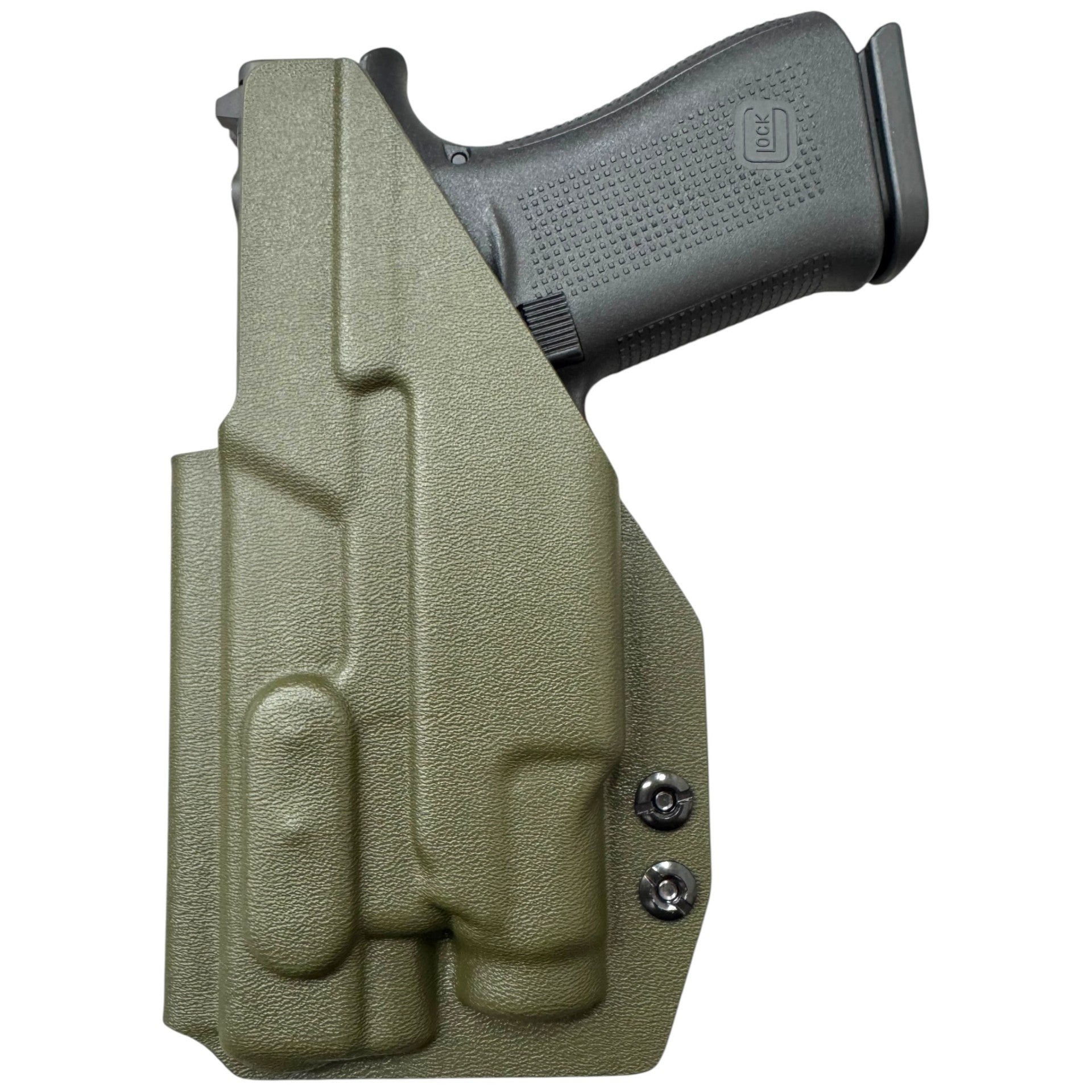 Green holster with a gun inside on a white background