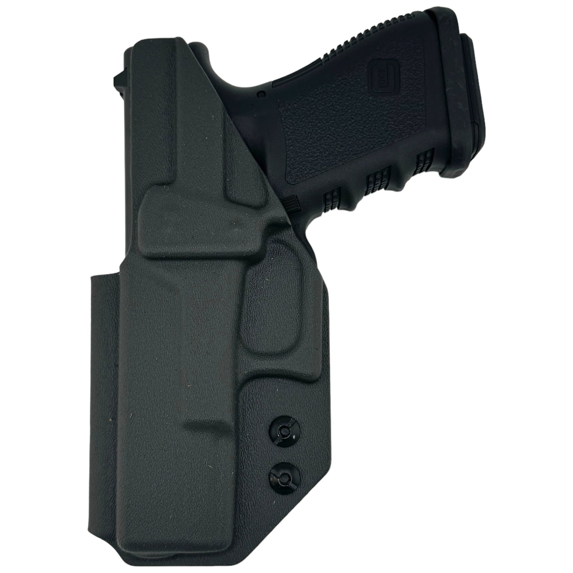 BLACK Kydex® inside-waistband holster fitted on a Glock-style pistol, shown on a white background with adjustable retention screws visible.