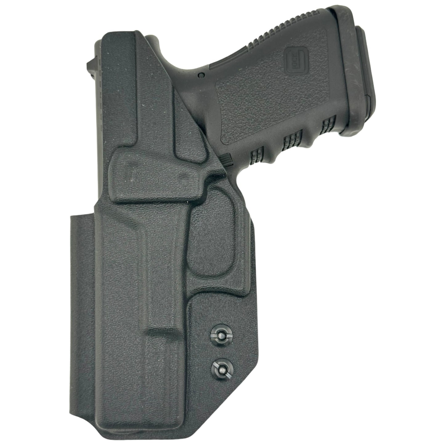 DARK GREY Kydex® inside-waistband holster fitted on a Glock-style pistol, shown on a white background with adjustable retention screws visible.