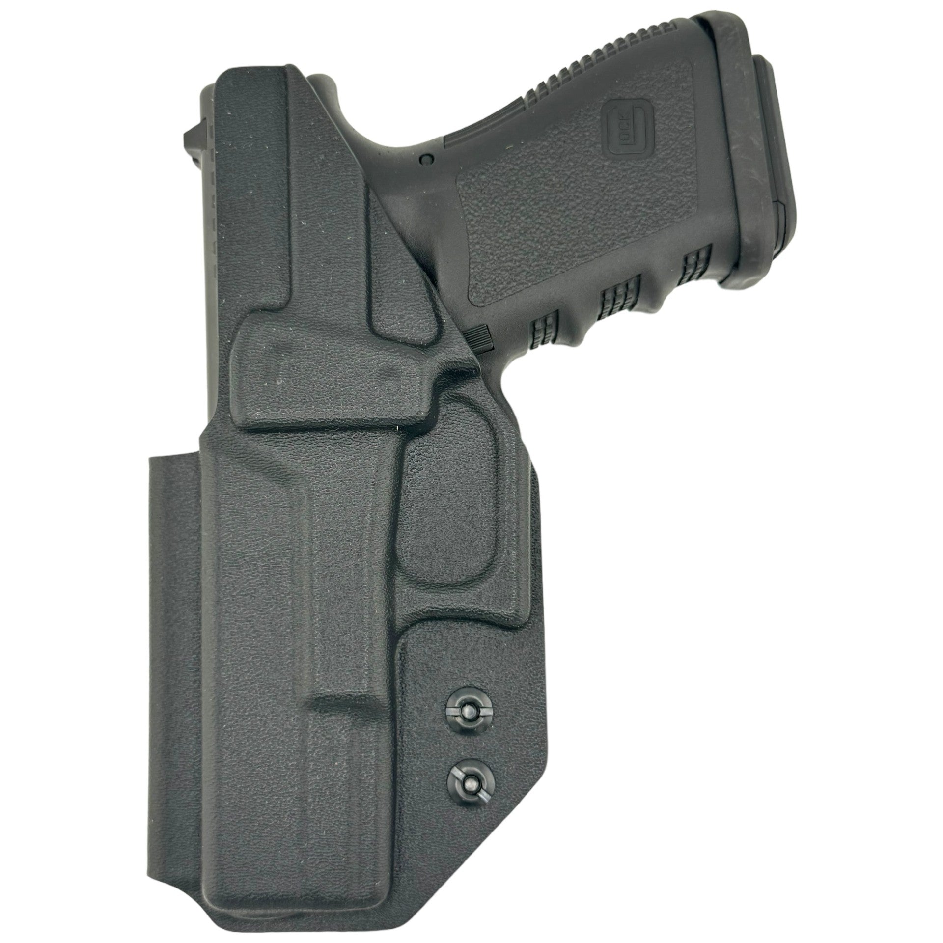 DARK GREY Kydex® inside-waistband holster fitted on a Glock-style pistol, shown on a white background with adjustable retention screws visible.