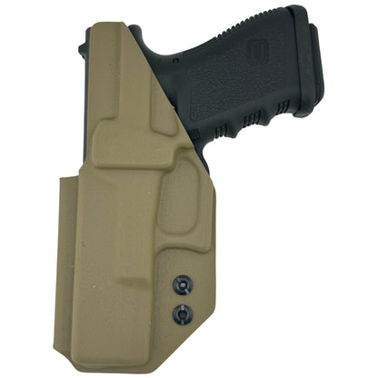 FDE Kydex® inside-waistband holster fitted on a Glock-style pistol, shown on a white background with adjustable retention screws visible.