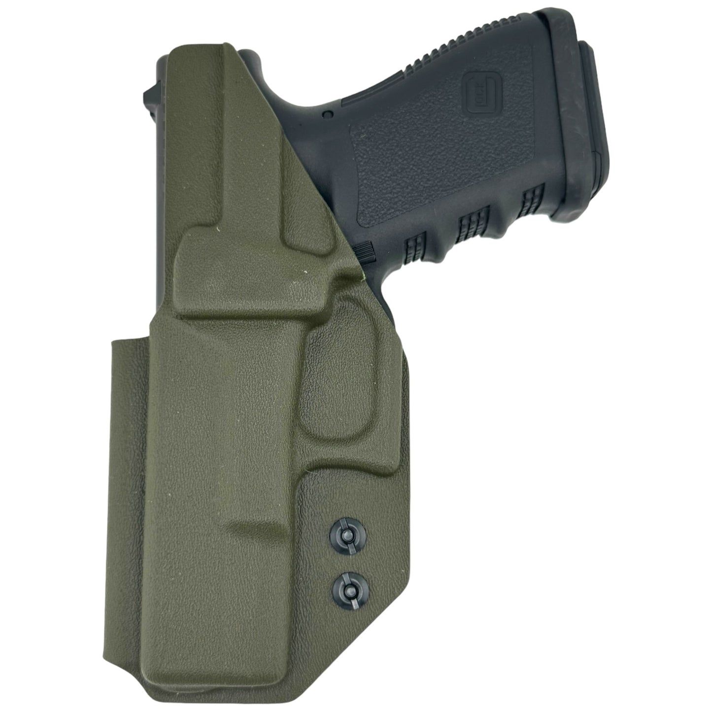 OD GREEN Kydex® inside-waistband holster fitted on a Glock-style pistol, shown on a white background with adjustable retention screws visible.