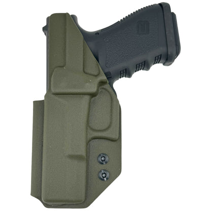OD GREEN Kydex® inside-waistband holster fitted on a Glock-style pistol, shown on a white background with adjustable retention screws visible.