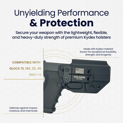 Black Kydex IWB holster by Lindahl Holsters on a compact pistol, highlighted for unyielding performance and protection — compatible with Glock 19, 19X, 23, and 45 Gen 1–5, made from durable Kydex material that resists impact, moisture, and chemicals, shown on a white background with honeycomb pattern.