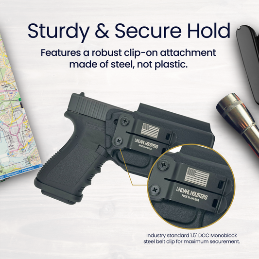 Black Kydex inside-waistband holster on a pistol featuring a sturdy steel DCC Monoblock 1.5-inch belt clip for secure attachment, highlighted with a zoomed-in circle detail, shown on a white tabletop with a map, flashlight, and multitool - text reads 'Sturdy & Secure Hold.