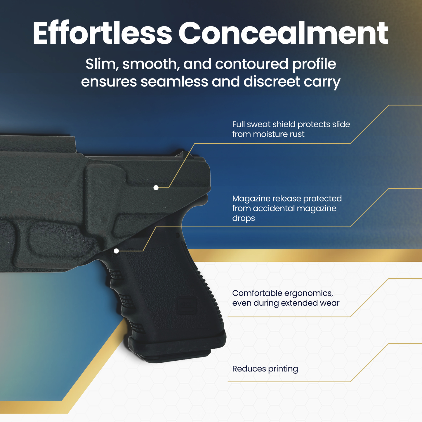 Black gun with features highlighted on a blue and white background