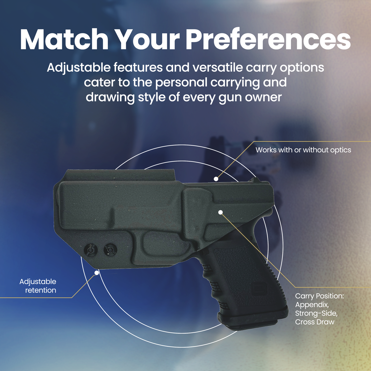 Black gun with adjustable features on a blue gradient background