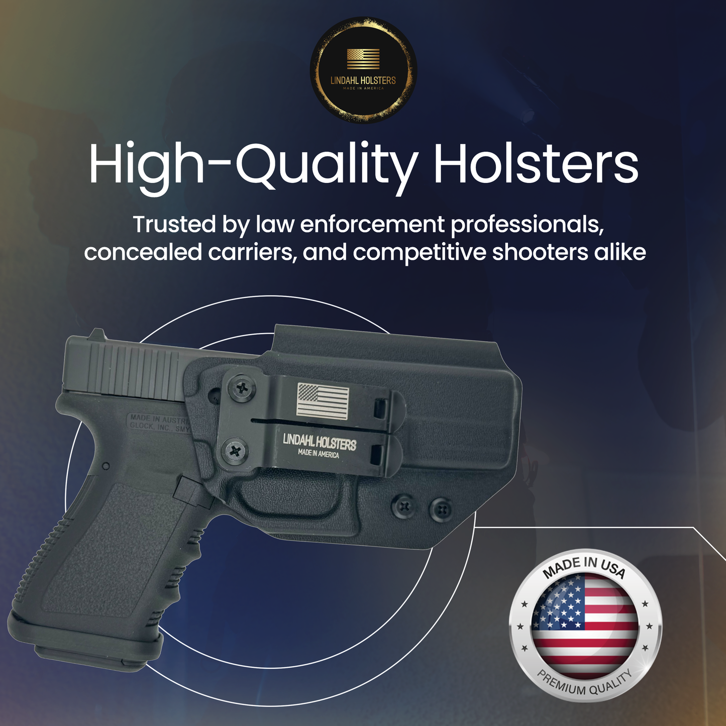 High-quality holster with branding and text on a dark background