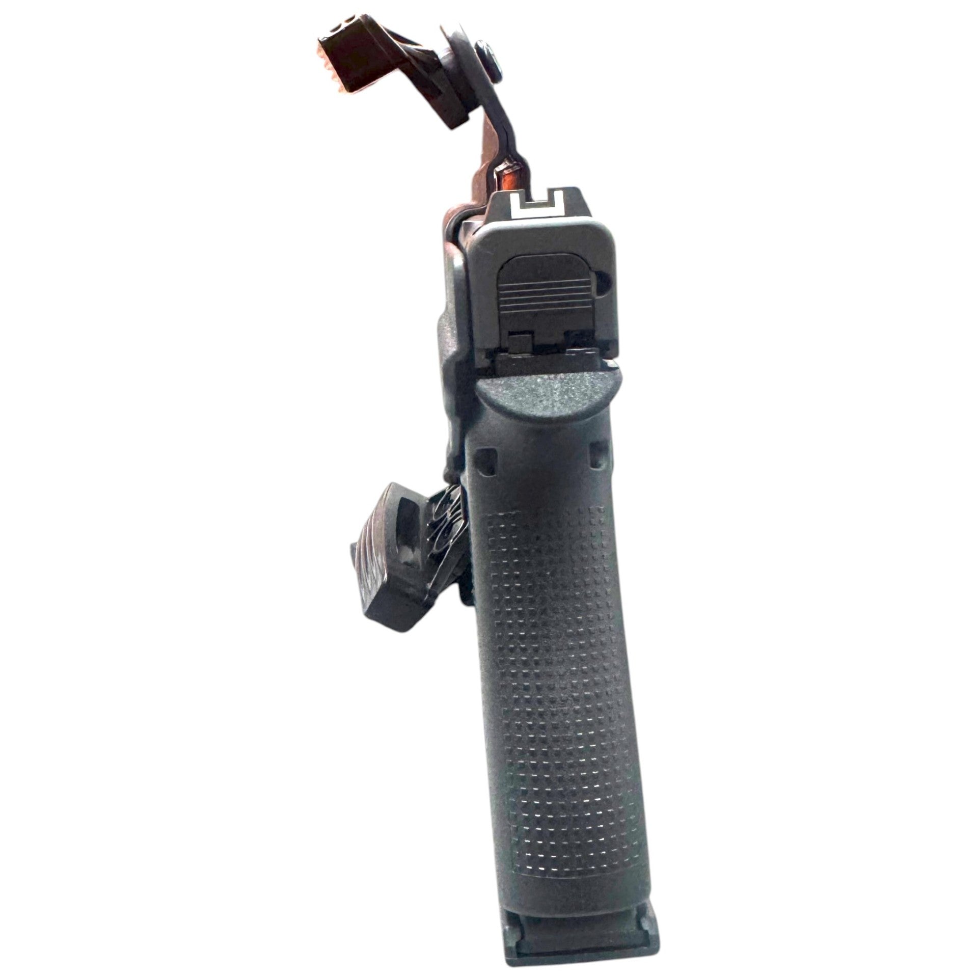 Black gun grip with wiring on a white background