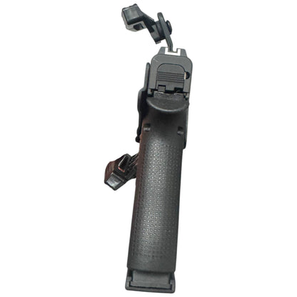 Black gun grip with textured surface on a white background