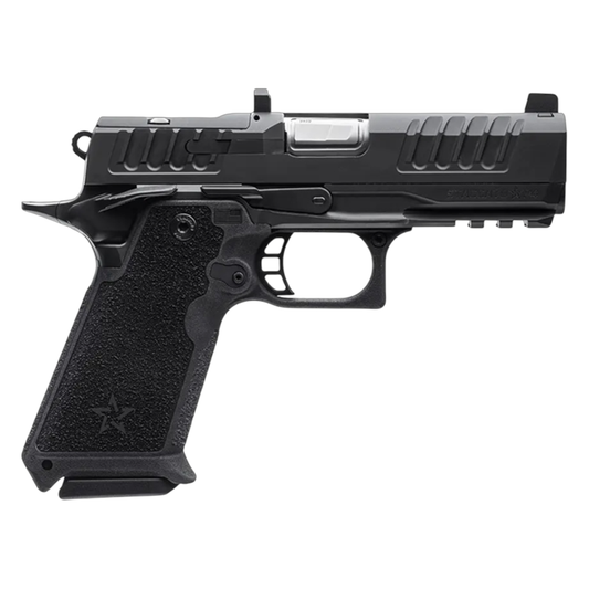 Black handgun on a white background