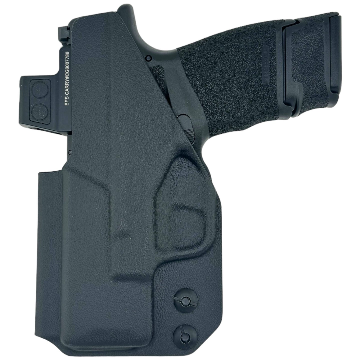 Black gun holster with a gun inside on a white background