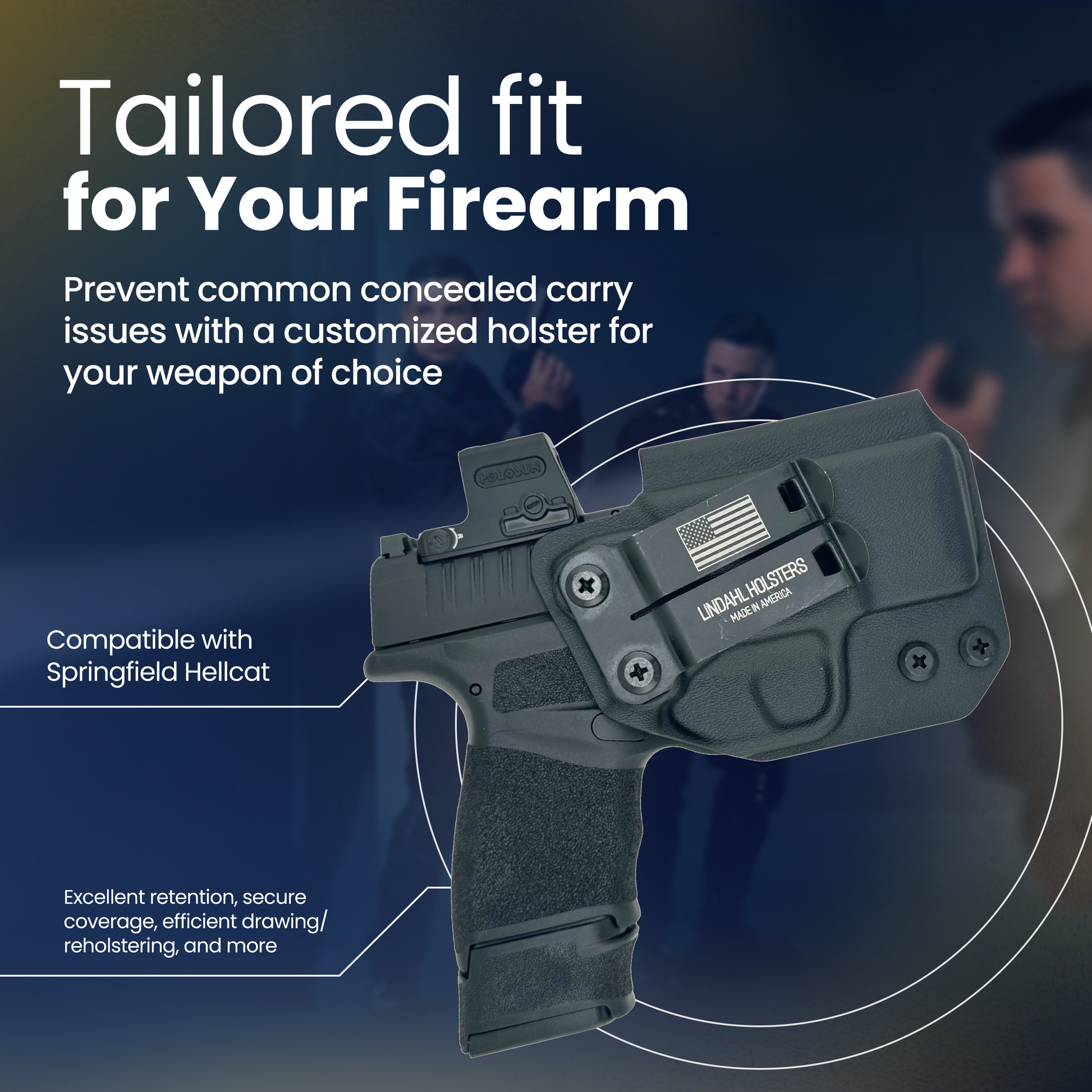 Holster for a firearm with text about customization and compatibility on a dark background