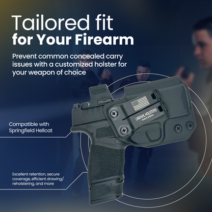 Holster for a firearm with text about customization and compatibility on a dark background