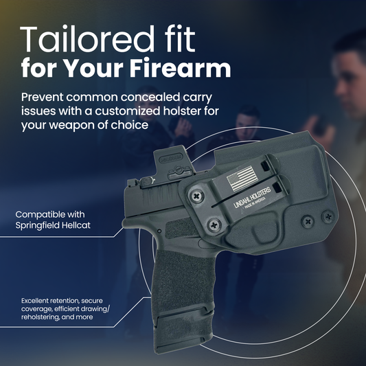 Holster for a firearm with text about customization and compatibility on a dark background