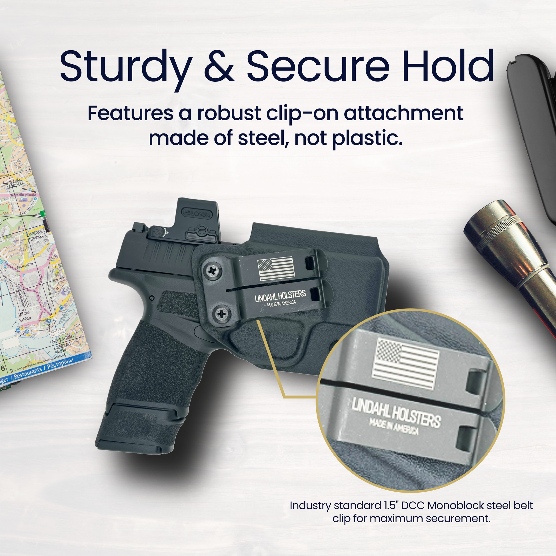 Gun holster with 'Lindahl Holsters' branding on a white background