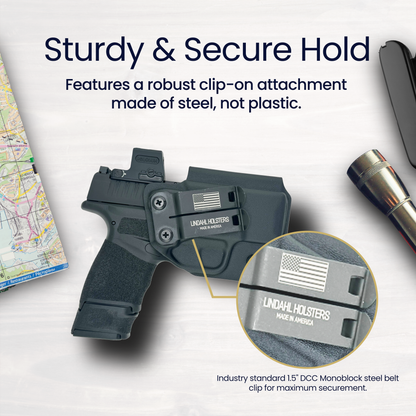 Gun holster with 'Lindahl Holsters' branding on a white background