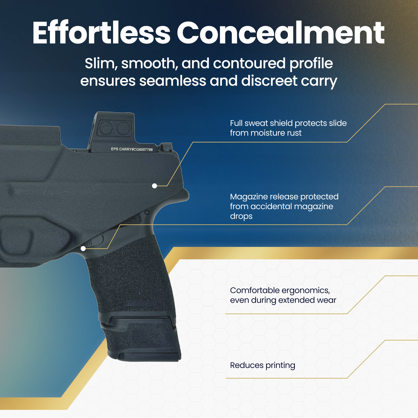 Black handgun with features highlighted on a blue and white background