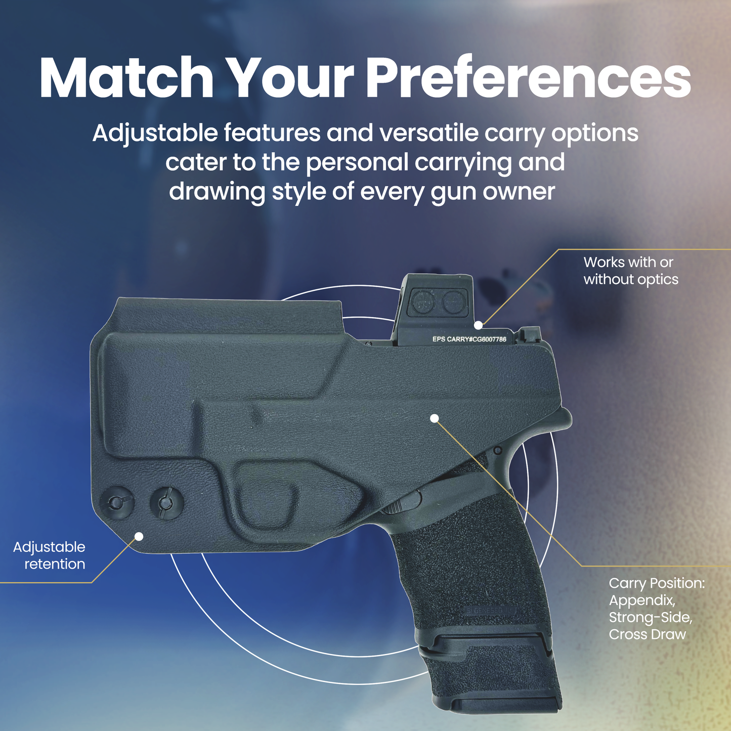 Black gun holster with adjustable features on a blue gradient background