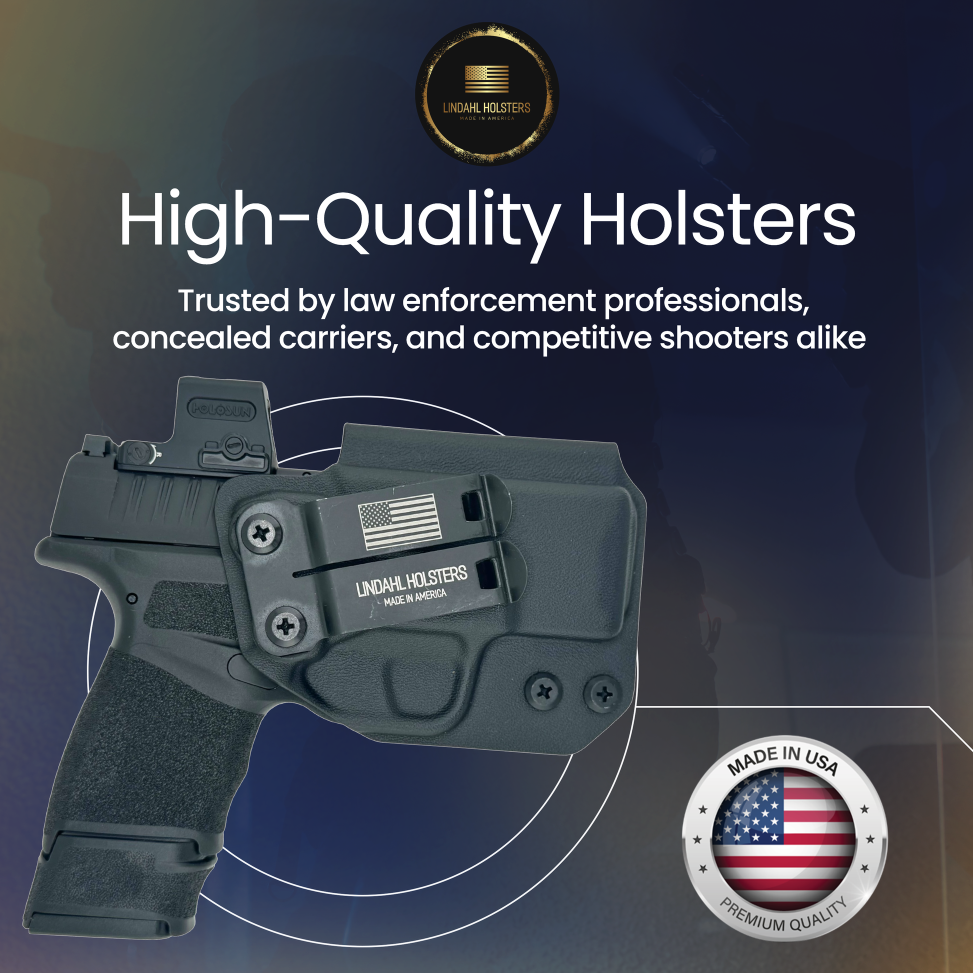 High-quality holster with American flag design, branding, and text about trusted professionals.