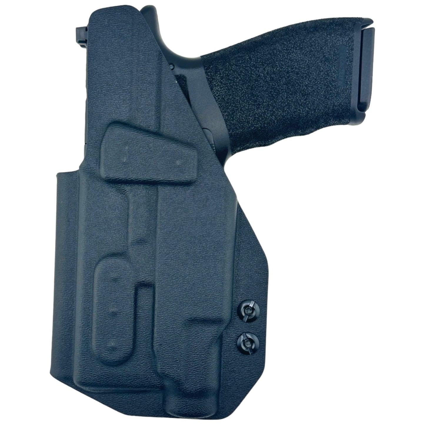 Black gun holster with a gun attached on a white background