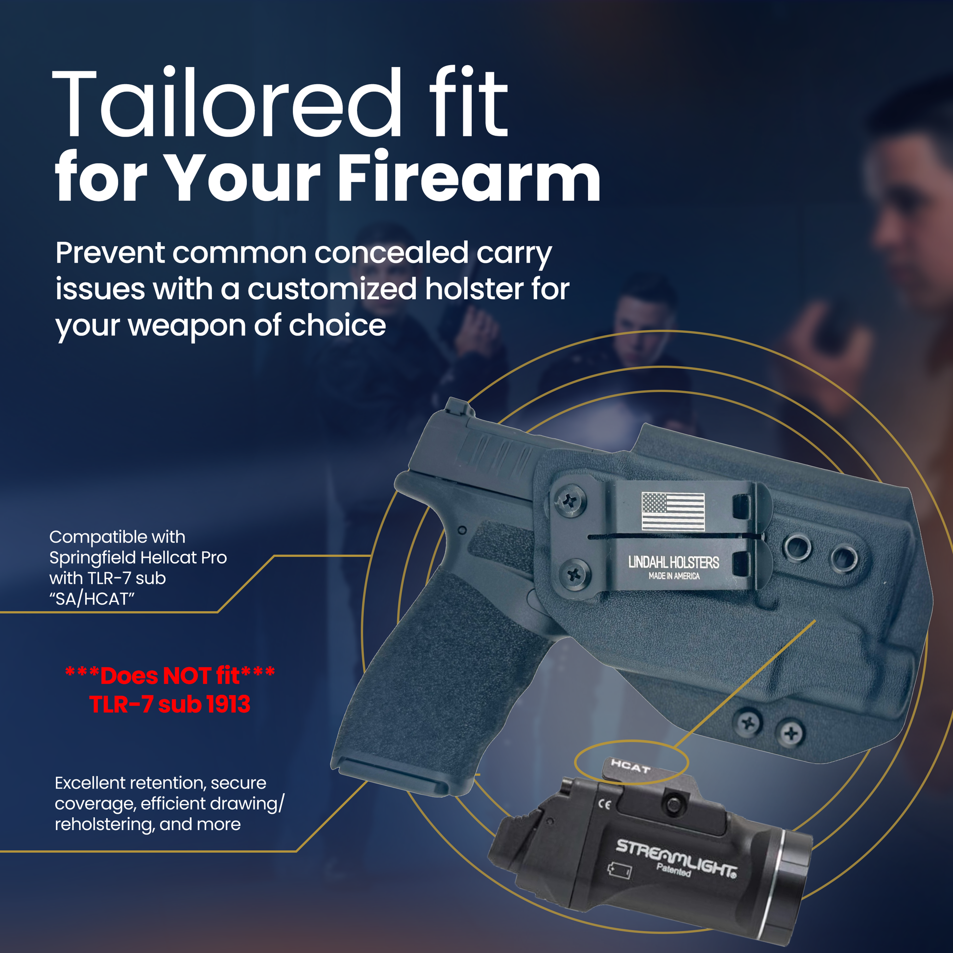 Holster for a firearm with text about customization and compatibility on a dark background