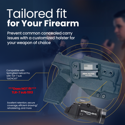 Holster for a firearm with text about customization and compatibility on a dark background