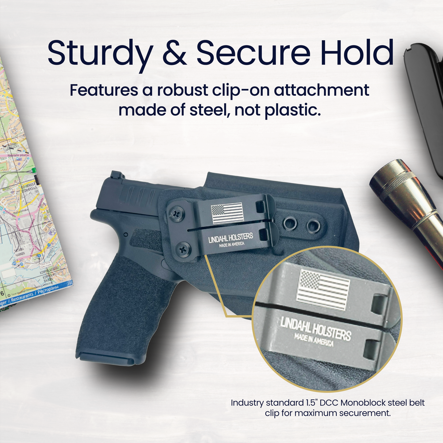 Lundahl Holsters product with text highlighting sturdiness and security, featuring a map and flashlight in the background.