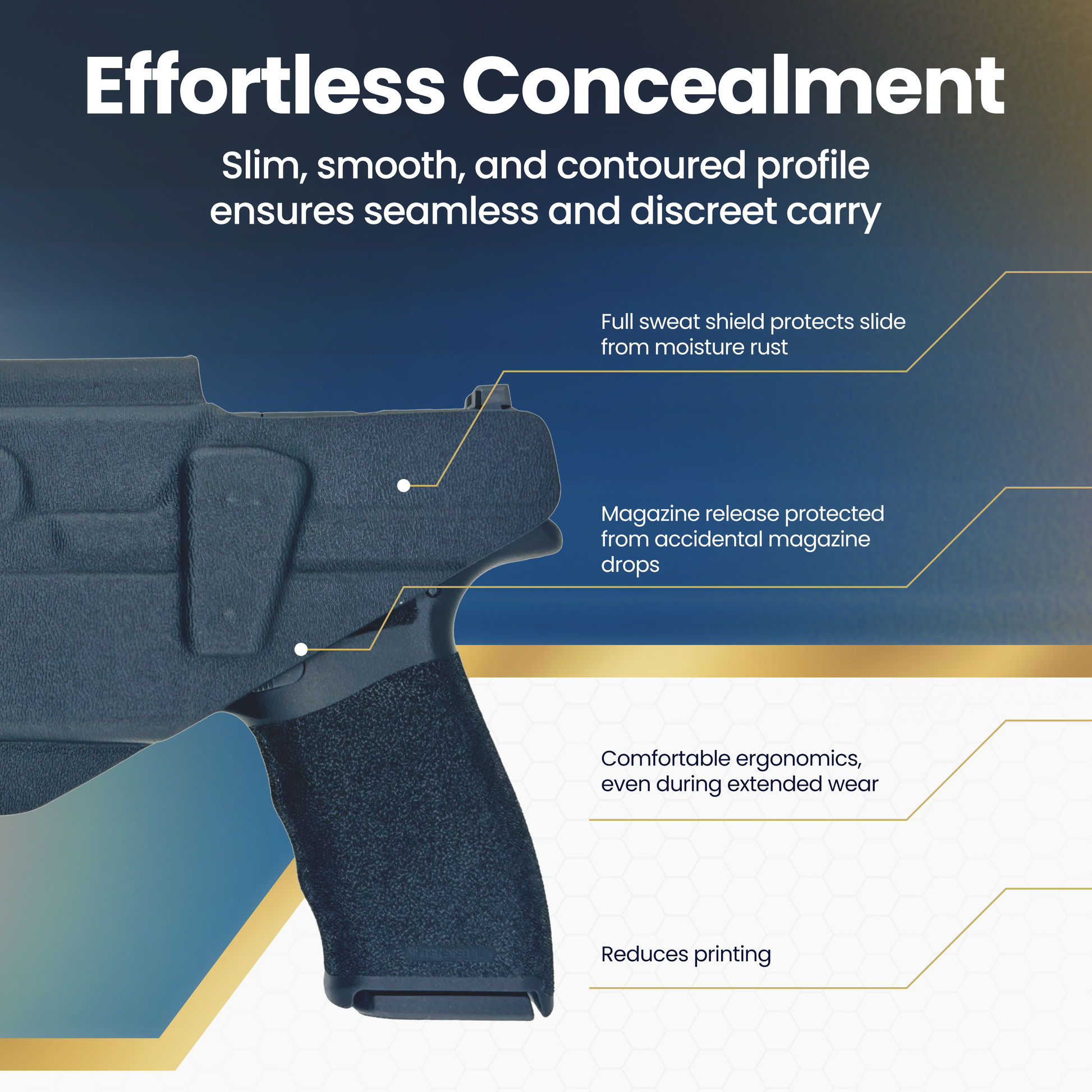 Glossy black handgun with features highlighted on a blue and gold background