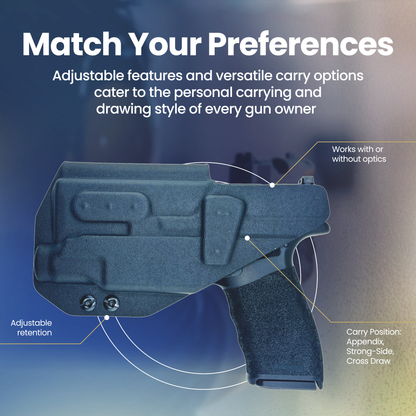 Holster with adjustable features on a gradient blue and brown background