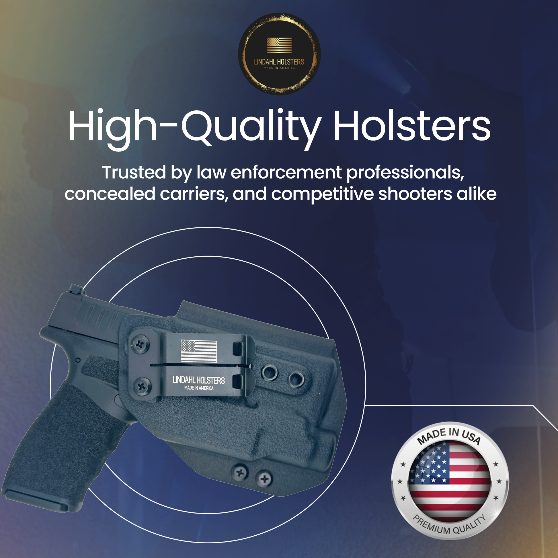 High-quality holster with branding and text on a blue gradient background