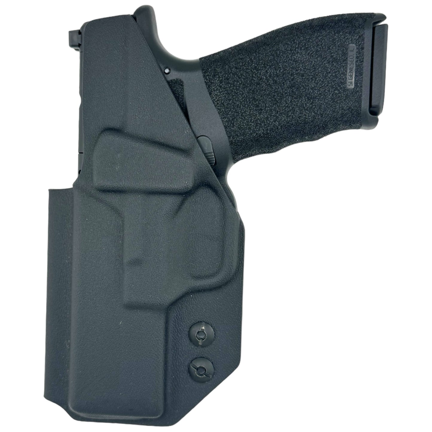 Black gun holster with a gun inside on a white background