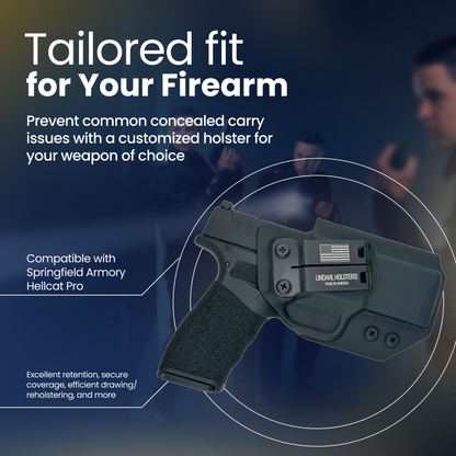 Holster for a firearm with text about customization and compatibility on a dark background