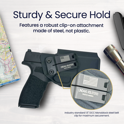 Lundahl Holsters product with text highlighting sturdiness and security, featuring a map and flashlight in the background.