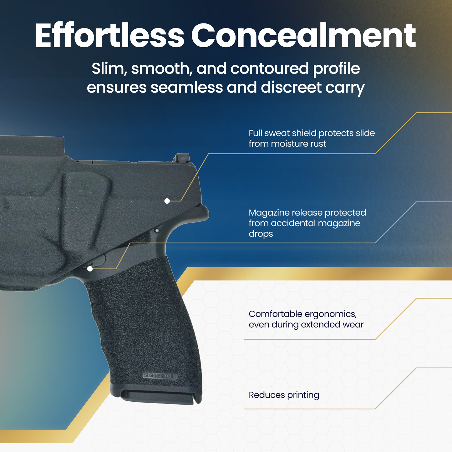 Black gun holster with text highlighting features on a blue and white background