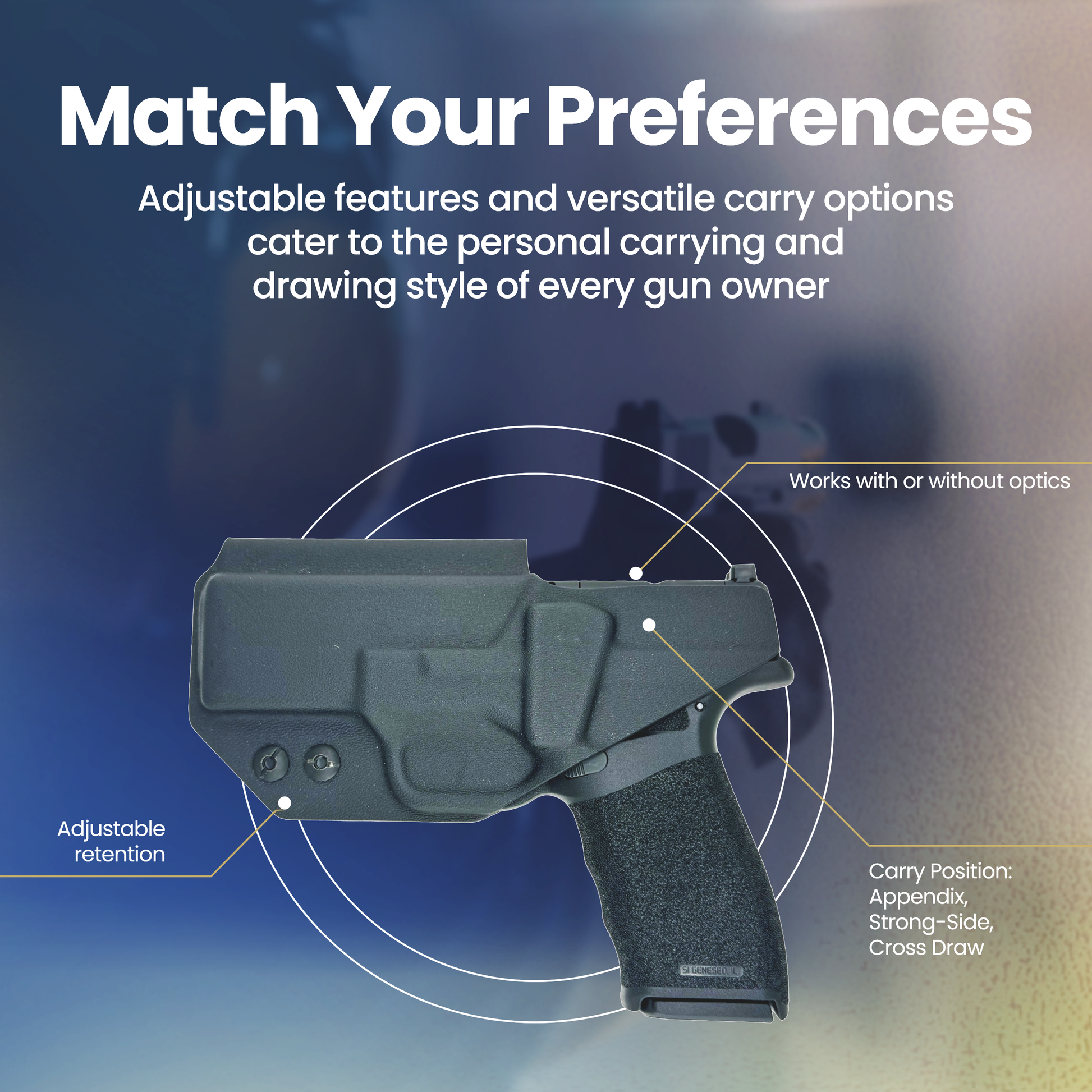 Black gun holster with adjustable features on a blue background