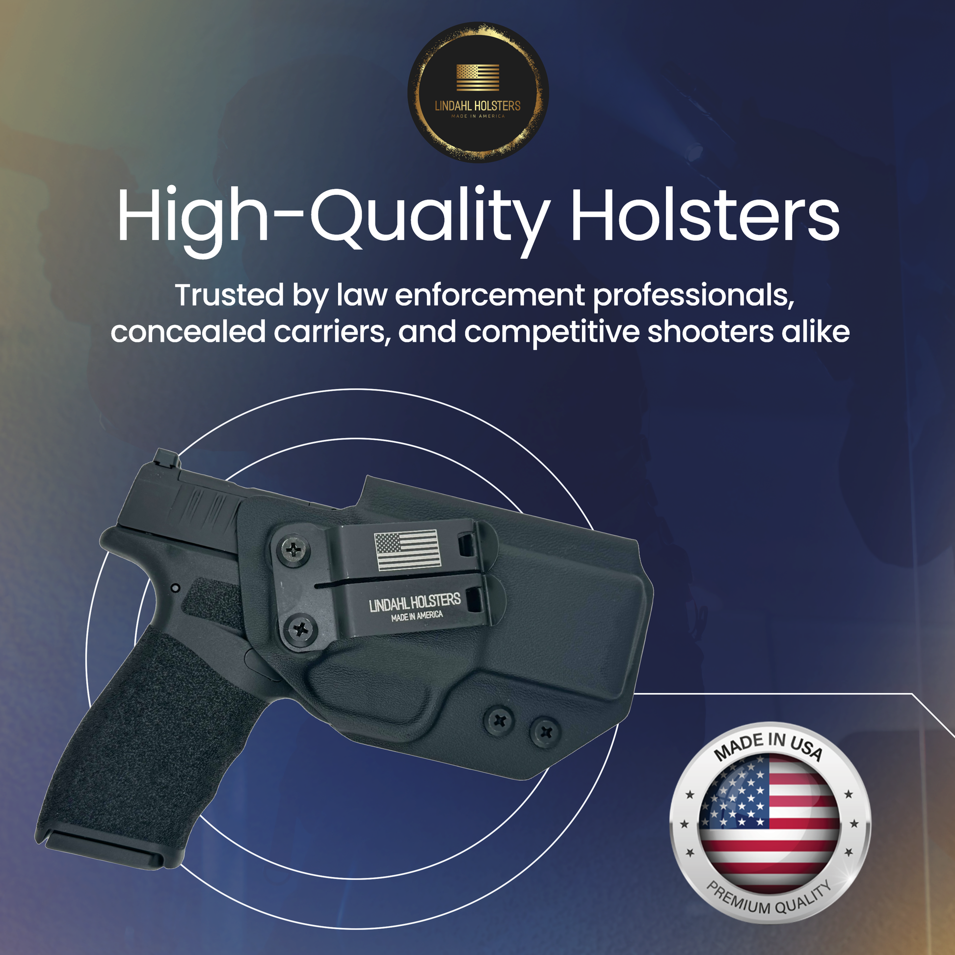 High-quality holster with branding and text on a blue background