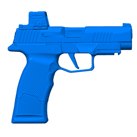 Blue plastic gun training model on a white background
