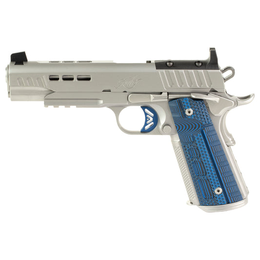 KIMBER RAPIDE ICE FIREARM IN SILVER WIHTH BLUE SCALES ON WHITE BACKGROUND.