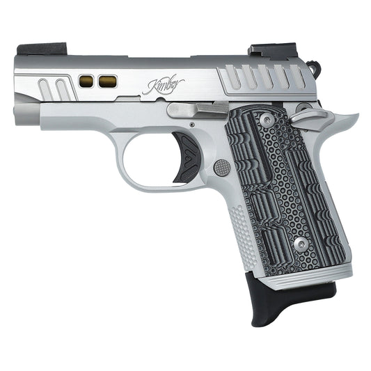 Silver and black handgun with 'Kimber' branding on a white background