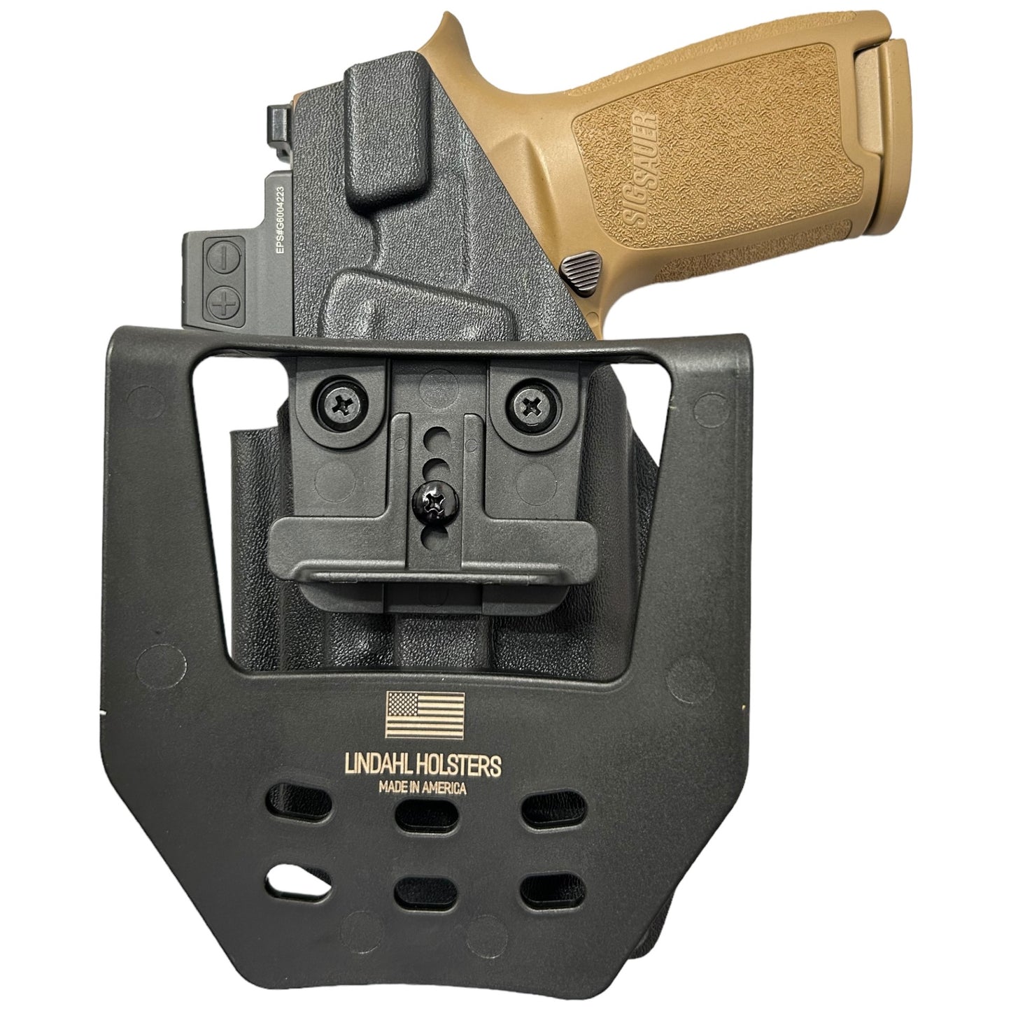 Black gun holster with tan gun on a white background, featuring Lindahl Holsters branding.