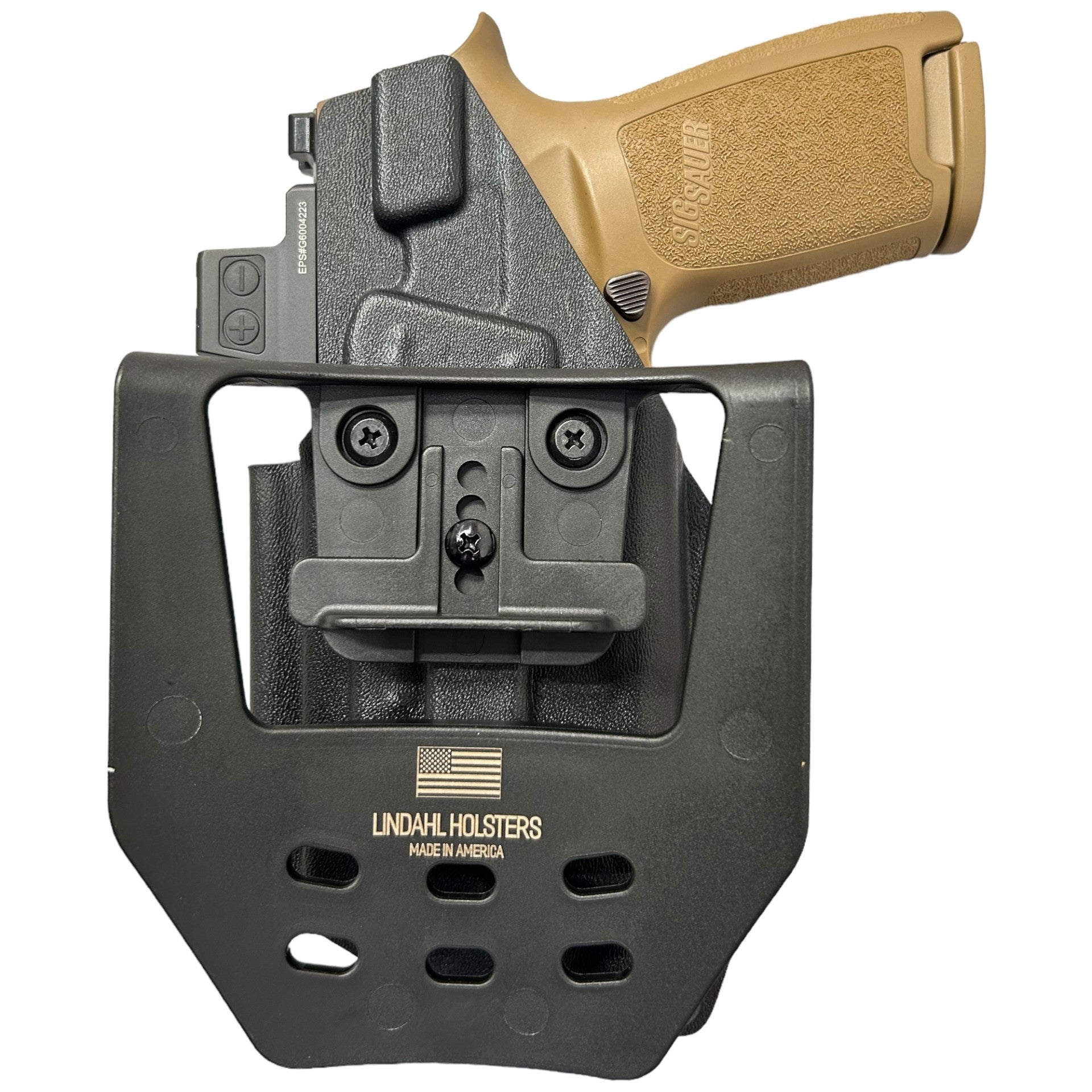 Black gun holster with tan gun on a white background, featuring Lindahl Holsters branding.