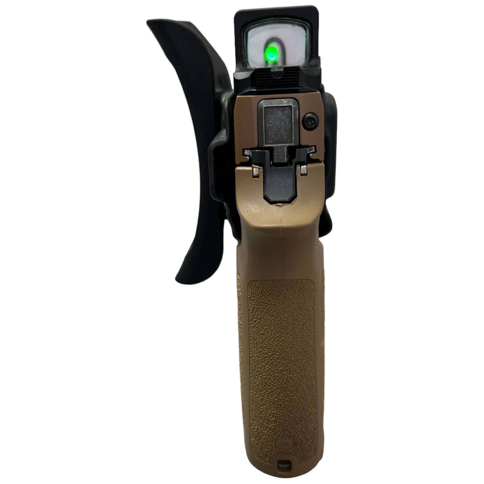 Tactical gun grip with green laser sight on a white background