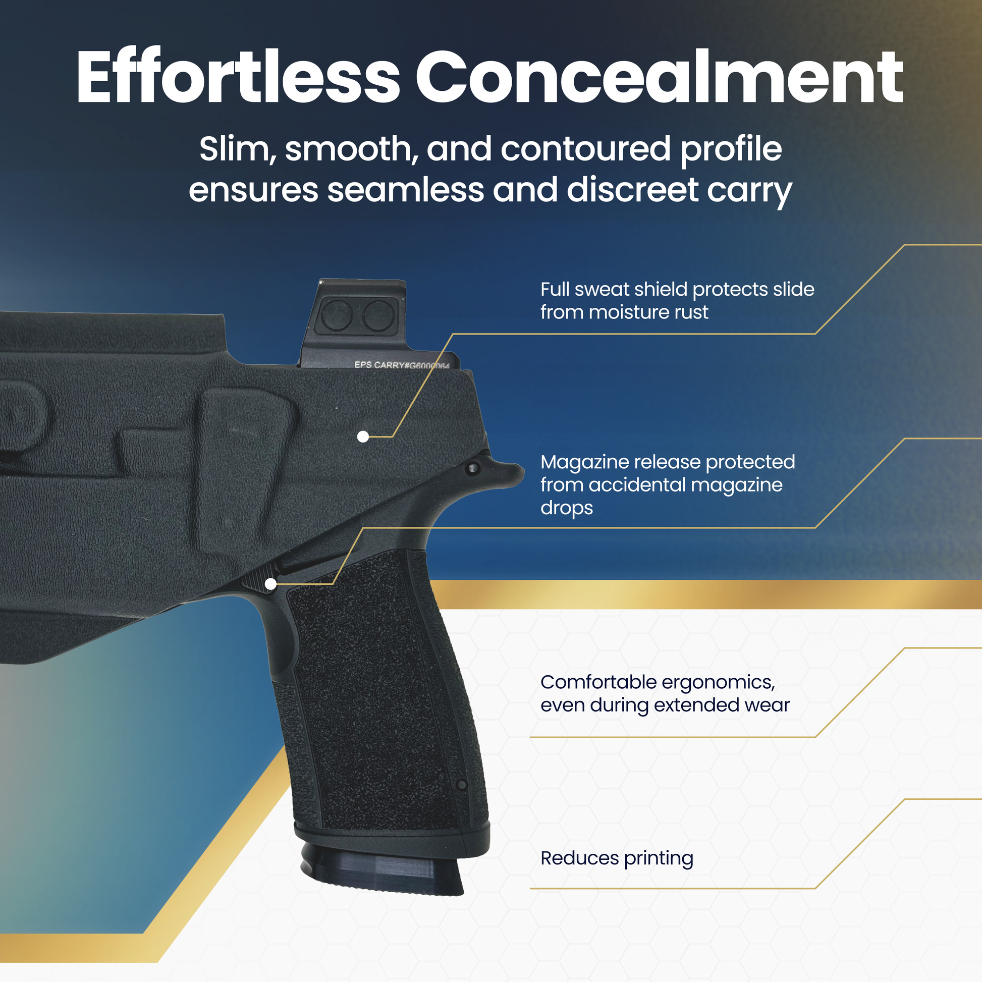 Black handgun with features highlighted on a blue and white background