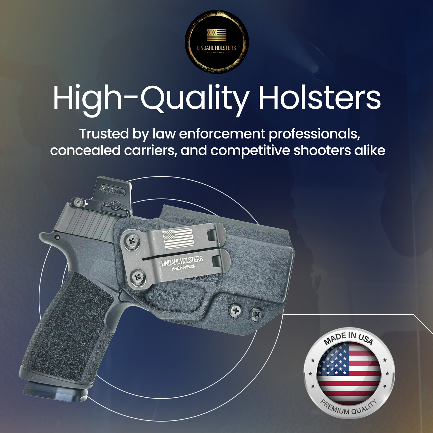 High-quality holster with American flag emblem on a dark background, featuring Lincoln Holsters branding.