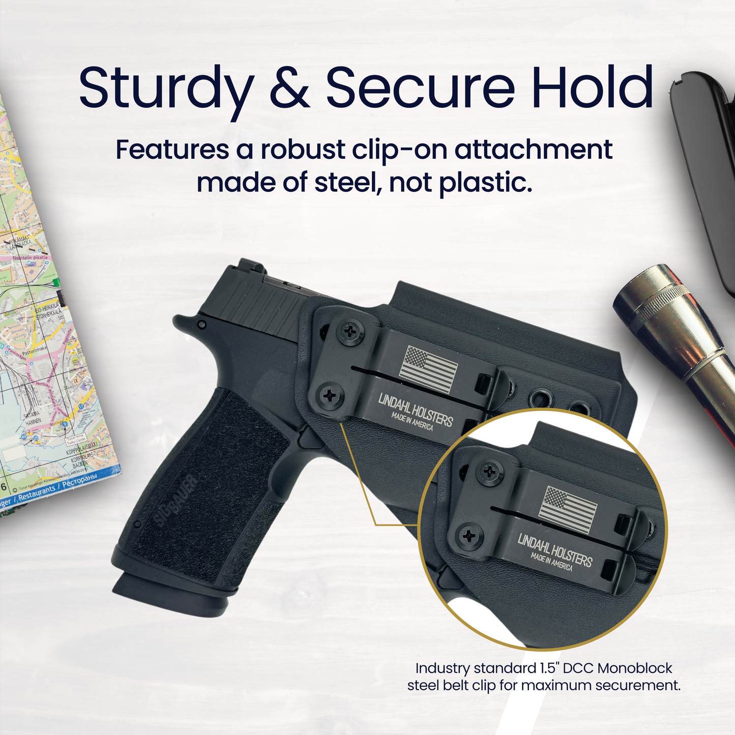 Holster with clip-on attachment on a white background, featuring text about sturdiness and security.